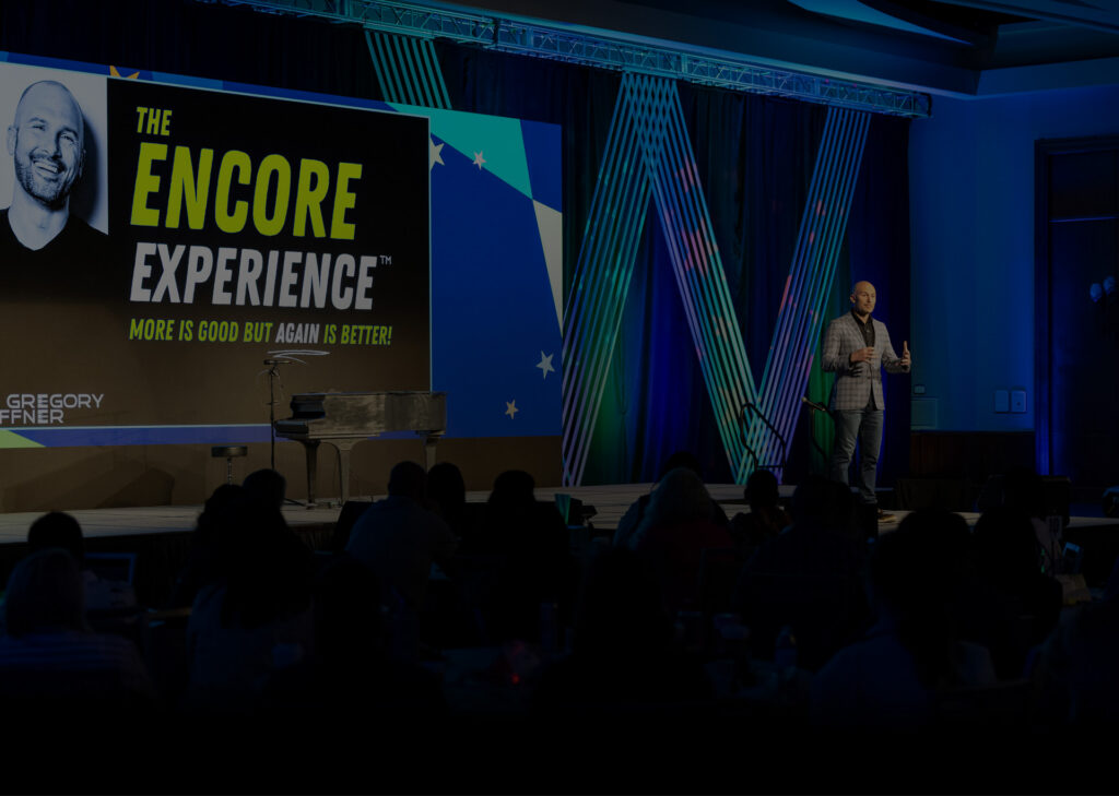 Customer experience speaker gregory offner on stage delivering the encore experience for individual contributors and frontline workers